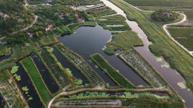 Hırvatistan 'ın Güney Dalmaçya kenti Ploce yakınlarındaki Neretva delta vadisi nehrinin öntanımlı hava görüntüsü. 