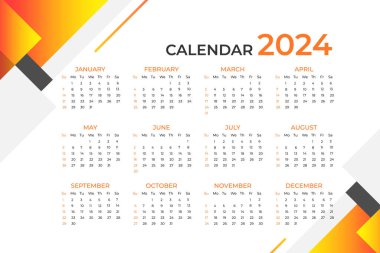 2024 yeni yıl takvimi şablonu modern tarzda. Hafta pazar günü başlıyor. Minimalist biçim takvimi