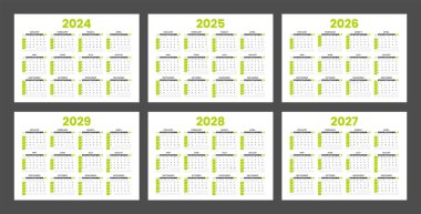2024, 2025, 2026, 2027, 2028 ve 2029 için takvimler. Minimalist stil takvimi. Hafta Pazar 'dan itibaren başlıyor