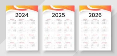 Takvim 2024, 2025, 2026. Basit dikey takvim tasarım şablonu. Hafta pazar günü başlıyor. Renk vektörü cep takvimi tasarımı