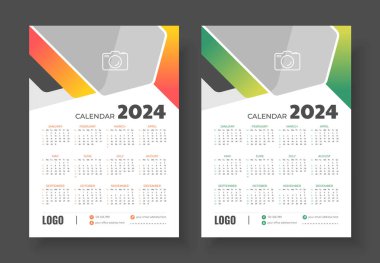 Modern renkli iş duvarı takvimi 2024 şablon tasarımı. 2024 için Hazır Bir Sayfa takvim şablonu tasarımını yazdır. Hafta pazar günü başlıyor.