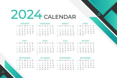 Modern 2024 yeni yıl takvim tasarım şablonu. Vektör şablonu. masa takvimi, hafta pazar başlıyor.