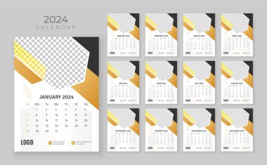 Wall calendar 2024, Company Calendar şablonu, Week start Sunday, 12 sayfa duvar takvimi 2024, Wall takvimi minimalist tarzda