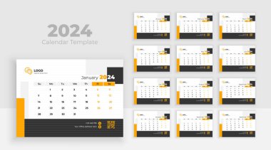 Takvim 2024 şirket şablon tasarımı seti. Hafta başı Pazar günü