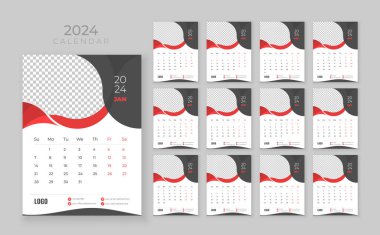 12 sayfalık duvar takvimi 2024, Şirket Takvimi şablonu, Hafta başlangıcı Pazar, Duvar takvimi minimalist tarzda