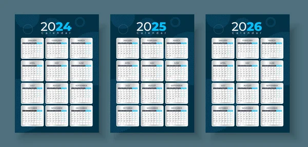 Enkel Kalender Inställd För 2024 2025 2026 Enkel Redigerbar Vektorkalender — Stock vektor