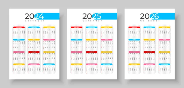 Calendar 2024 2025 2026 Simple Vertical Calendar Design Template Week — Stock Vector