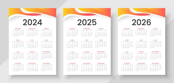 Kalender 2024 2025 2026 Einfache Vertikale Kalenderentwurf Vorlage Die Woche — Stockvektor