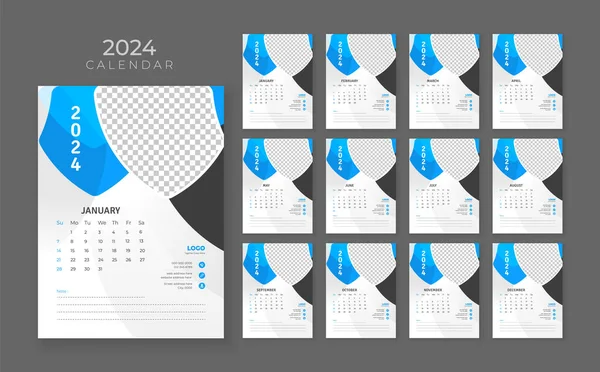 Kalender Dinding 2024 Templat Kalender Perusahaan Minggu Permulaan Halaman Kalender - Stok Vektor