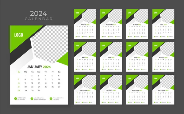 ウォールカレンダー2024 カレンダーテンプレート 週開始日曜日 12ページのウォールカレンダー2024 ミニマリストスタイルのウォールカレンダー — ストックベクタ