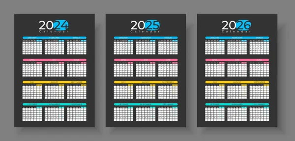 Календарь 2024 2025 2026 Годов Вектор Неделя Начинается Воскресенье Шаблон Лицензионные Стоковые Векторы