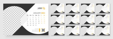 Masa Takvimi Şablonu 2024. Minimalist tarzda bir masa takvimi. Hafta pazar günü başlıyor. Takvim 2024 planlayıcı kurumsal şablon tasarımı.