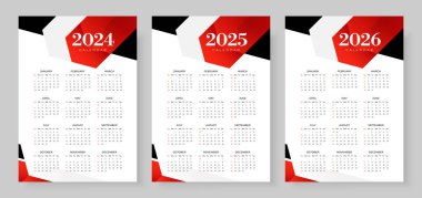 2024, 2025 ve 2026 takvim seti, Haftanın başlangıcı Pazar, Basit dikey takvim tasarım şablonu. Şirket tasarım planlama şablonu. Minimalist tarzda bir duvar takvimi