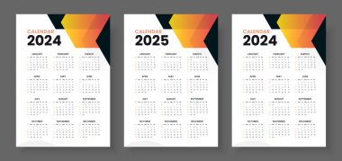 Takvim 2024, takvim 2025 ve takvim 2026, hafta başı Pazar, şirket tasarım planlama şablonu. Minimalist tarzda bir duvar takvimi