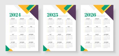 Takvim 2024, takvim 2025 ve takvim 2026, hafta başı Pazar, şirket tasarım planlama şablonu. Minimalist tarzda bir duvar takvimi