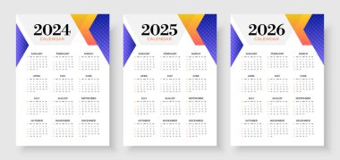 2024, 2025 ve 2026 takvim seti, Haftanın başlangıcı Pazar, Basit dikey takvim tasarım şablonu. Şirket tasarım planlama şablonu. Minimalist tarzda bir duvar takvimi