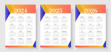 2024, 2025 ve 2026 takvim seti, Haftanın başlangıcı Pazar, Basit dikey takvim tasarım şablonu. Şirket tasarım planlama şablonu. Minimalist tarzda bir duvar takvimi