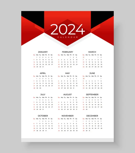 2024 Duvar Takvimi Bir Sayfa Tasarımı Pazar Haftası Başlangıcı Basit — Stok Vektör