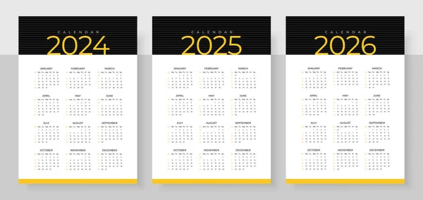 2024 2025 2026 Calendar Set Week Start Sunday Simple Vertical — Stock Vector