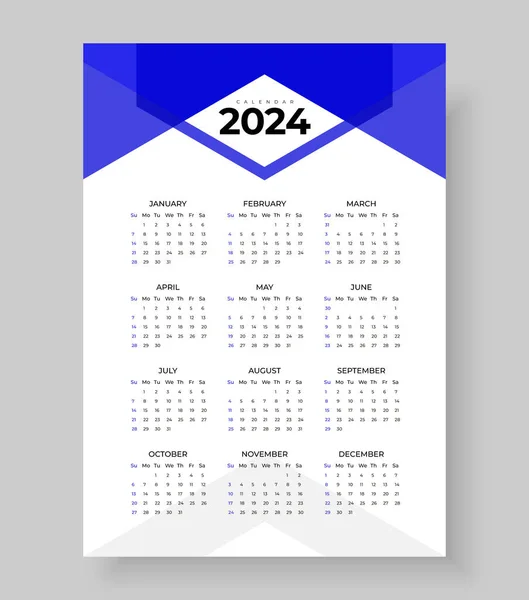 2024 Stěna Kalendář Šablona Jeden Návrh Stránky Týden Začátek Neděle — Stockový vektor