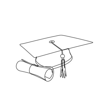 Mezuniyet şapkası ve diplomasının kesintisiz çizimi.