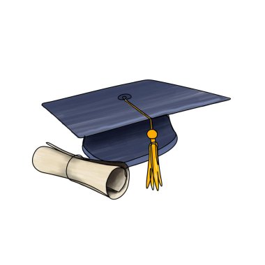 Mezuniyet şapkası ve beyaz arka planda diploma vektör çizimi, püsküllü mezuniyet şapkası.