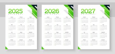 2025, 2026, 2027 yıllık takvim. Hafta pazar günü başlıyor. Basit bir takvim düzeni. Yıllık günlük. 12 aylık masa planlama şablonu. İngilizce organizatör. Cep veya duvar biçimleri.