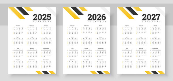 Colorful calendar 2025, 2026, 2027, Stationery template with 12 months, The week starts on Sunday Calendar layout, Corporate design planner template. Organizer in English.