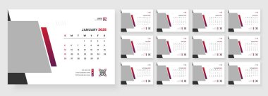 Takvim 2025 şirket şablon tasarımı seti. Şirket ve iş tarzında aylık planlayıcı tasarımı, 12 ay dahil.