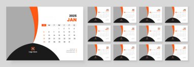 Modern Masa Takvimi Şablonu 2025, Yeni Yıl 2025 masa takvimi, Minimalist masa takvimi 2025 şablonu. Hafta başı Pazar günü.