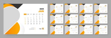 Modern Masa Takvimi Şablonu 2025, Yeni Yıl 2025 masa takvimi, Minimalist masa takvimi 2025 şablonu. Hafta başı Pazar günü.