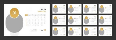 Masa takvimi şablonu 2025, yeni yıl masa takvimi, hafta pazar günü başlıyor.