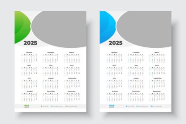 2025 Bir sayfa takvim tasarım şablonu, Hafta Pazar günü başlıyor, Modern 12 ay bir sayfa takvim.