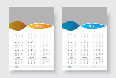 2025 Bir sayfa duvar takvimi tasarım şablonu, Minimalist stil takvimi, Hafta Pazar günü başlıyor.