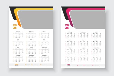 2025, 2026 yıllık takvim, bir sayfa duvar takvimi şablonu tasarımı. Minimalist stil takvimi. Modern 12 ay bir sayfa takvim.