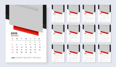 2025 Wall takvim şablonu 12 sayfa, Hafta Pazar günü başlıyor, Basit dikey takvim tasarımı şablonu.