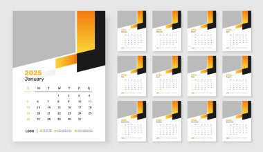 2025 Wall takvim şablonu 12 sayfa, Hafta Pazar günü başlıyor, Basit dikey takvim tasarımı şablonu.