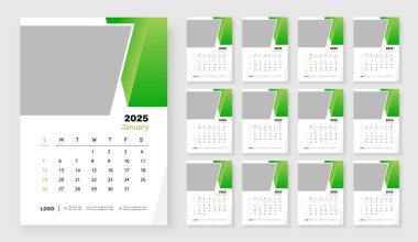 2025 Wall takvim şablonu 12 sayfa, Hafta Pazar günü başlıyor, Basit dikey takvim tasarımı şablonu.