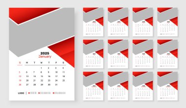 2025 Wall takvim şablonu, kurumsal 12 aylık duvar takvimi 2025 takvimi, hafta pazar günü başlıyor, basit dikey takvim tasarım şablonu.