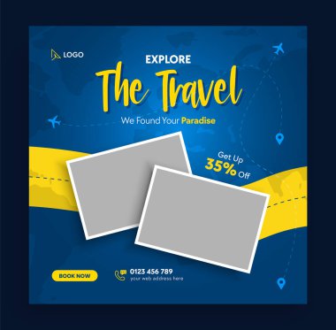Seyahat edin ve sosyal medya afişini gezin. Sosyal medya şablonunu gezin. Seyahat web afişi ya da poster. Seyahat promosyonu için web reklamları.