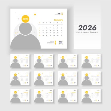 12 aylık Masa Takvimi 2026 şirket şablonu tasarım seti. Hafta pazar günü başlıyor. Yeni yıl 2026 masa takvimi.