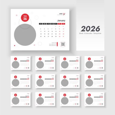 Masa Takvimi Şablonu 2026. Takvim 2026 şirket şablon tasarımı seti. Hafta başı Pazar günü.
