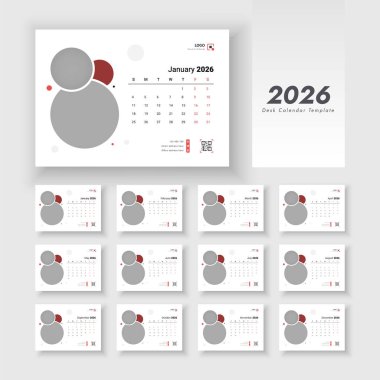 Masa Takvimi Şablonu 2026. Yeni yıl 2026 masa takvimi. Yıllık takvim 2026 için şablon. Hafta başı Pazar günü.