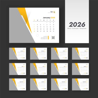 En az tasarım içeren masa takvimi 2026, Takvim Vektörü şablonu 2026 ve Pazar günü başlıyor.