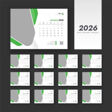 Modern masa takvimi tasarımı 2026. Hafta başı Pazar günü başlayan masa takvimi.