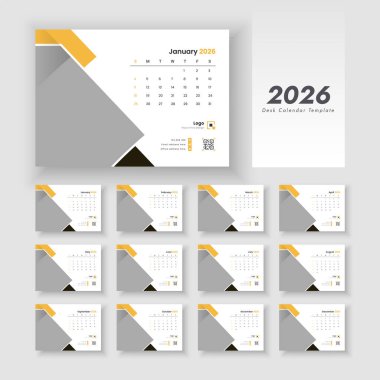 2026 masa takvimi planlayıcısı şablon ayarlandı. Yazdırma işlemi için hafta başı olan bir masa takviminin vektör düzeni.