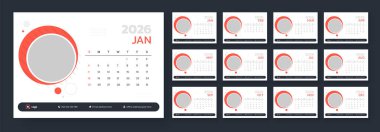 Masa takvimi şablonu 2026, yıllık takvim 2026, takvim 2026 şirket şablonu dizayn seti. Hafta pazar günü başlıyor..