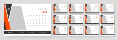 Modern yeni yıl 2026 masa takvimi şablonu, Masa takvimi tasarım şablonu 2026, Pazar günü başlıyor.