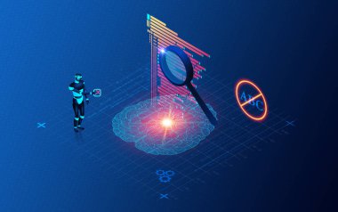 AI İçerik Detektörü Konsepti - Yapay Zeka İçeriği Denetleyici- Yapay Zeka İçeriğini saptamak için Araçlar - 3D İllüstrasyon