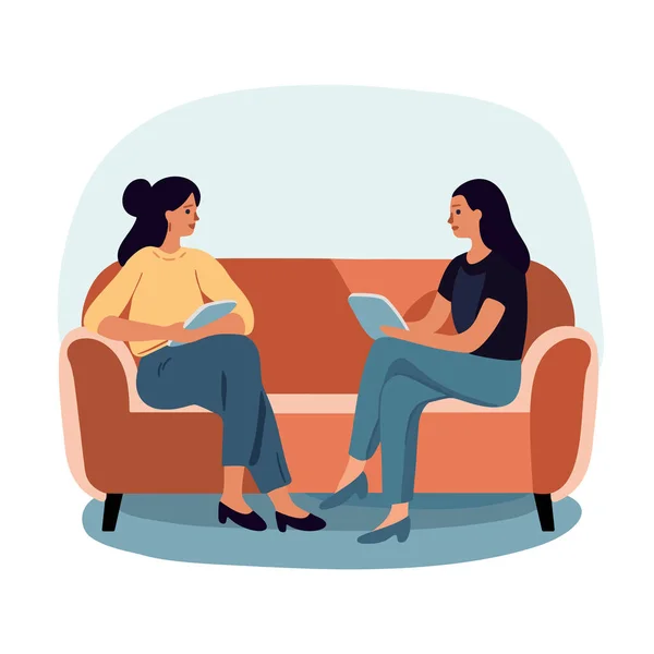 stock vector Two women dressed casually sitting on a sofa and having conversation. Vector illustration in cartoon style.